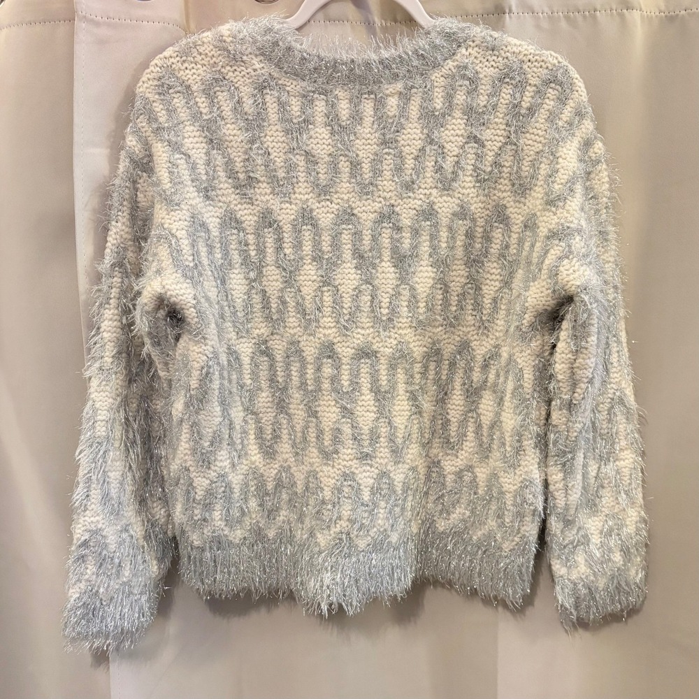 LOFT Fuzzy Sparkly V Neck Sweater Oversized Small Geometric Cozy Chunky 19484